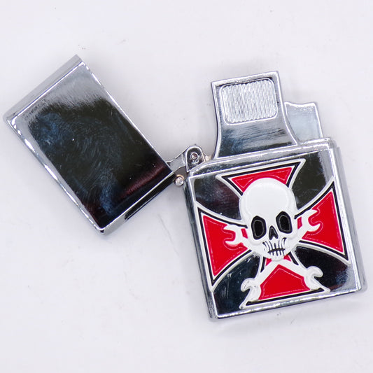 Double Torch Chrome Deboo Cross + Skull Flip Top Refillable Lighter