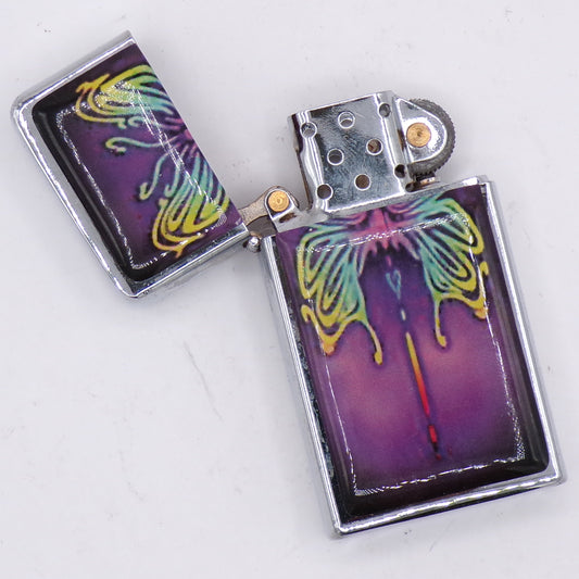 Slim Chrome Durolite Psychedelic Butterfly Graphic Flip Top Refillable Lighter