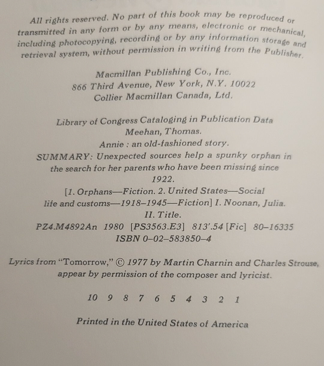 Annie By Thomas Meehan 1st Printing First Edition 1980 Hardcover DJ