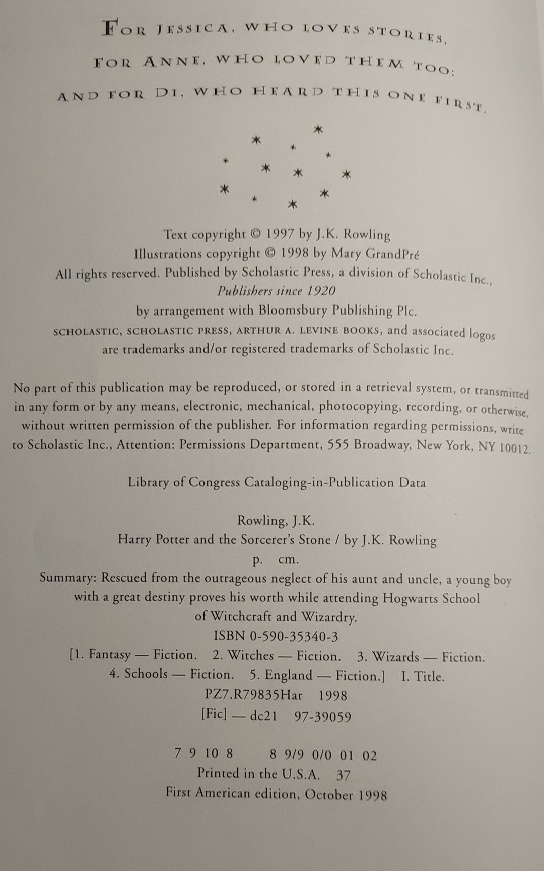 1998 Harry Potter And The Sorcer's Stone - J.K. Rowling, First American Edition/Printing