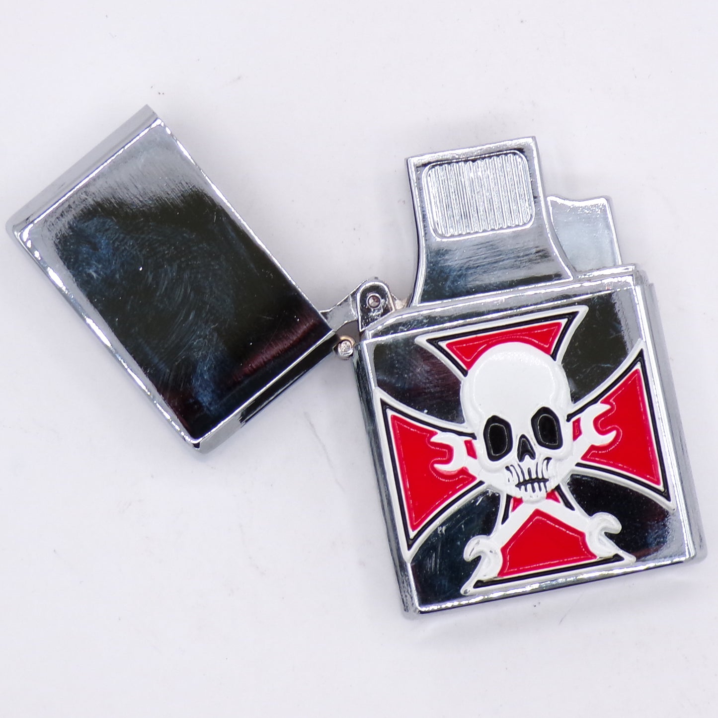 Double Torch Chrome Deboo Cross + Skull Flip Top Refillable Lighter