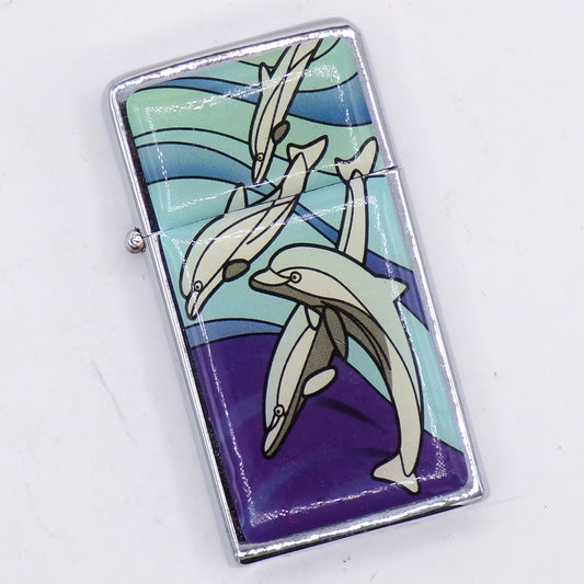 Slim Chrome Durolite Art Deco Dolphin Graphic Flip Top Refillable Lighter