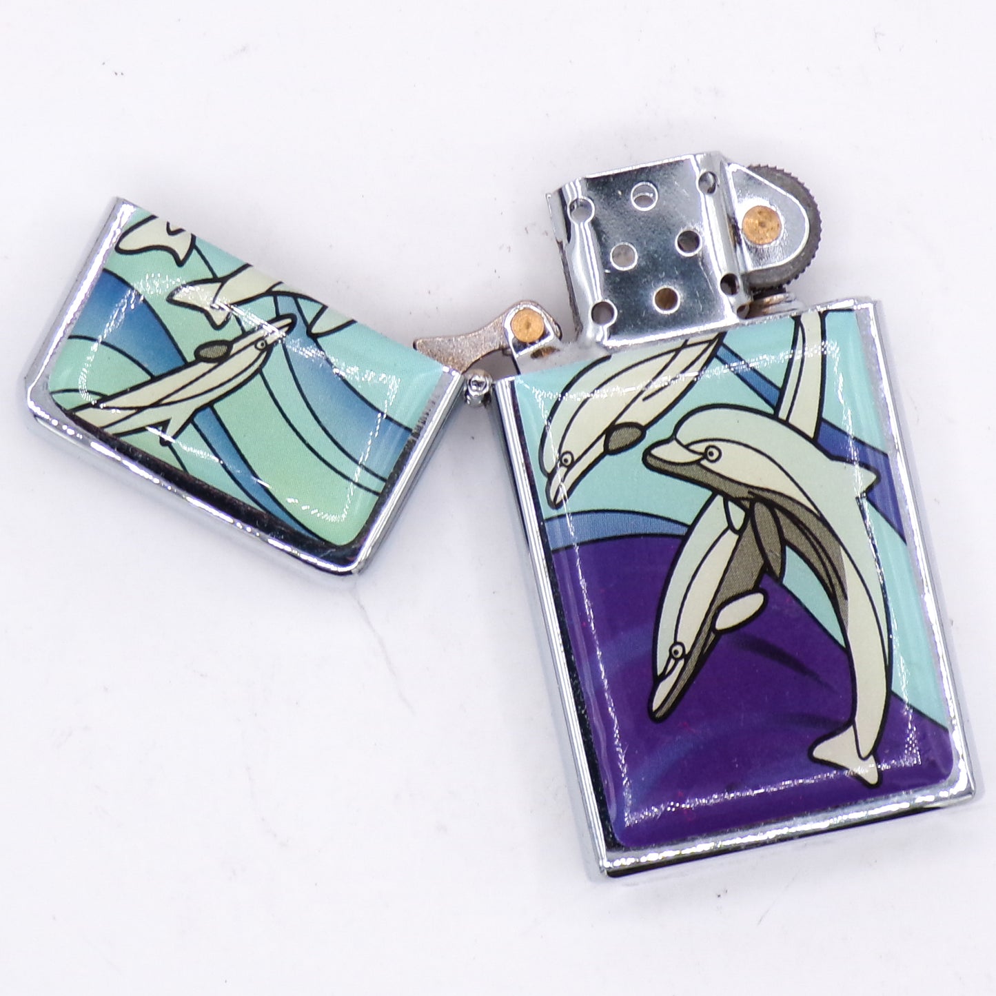 Slim Chrome Durolite Art Deco Dolphin Graphic Flip Top Refillable Lighter