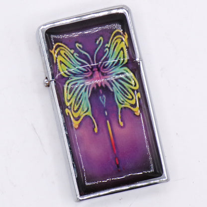 Slim Chrome Durolite Psychedelic Butterfly Graphic Flip Top Refillable Lighter