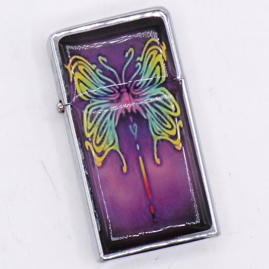 Slim Chrome Durolite Psychedelic Butterfly Graphic Flip Top Refillable Lighter