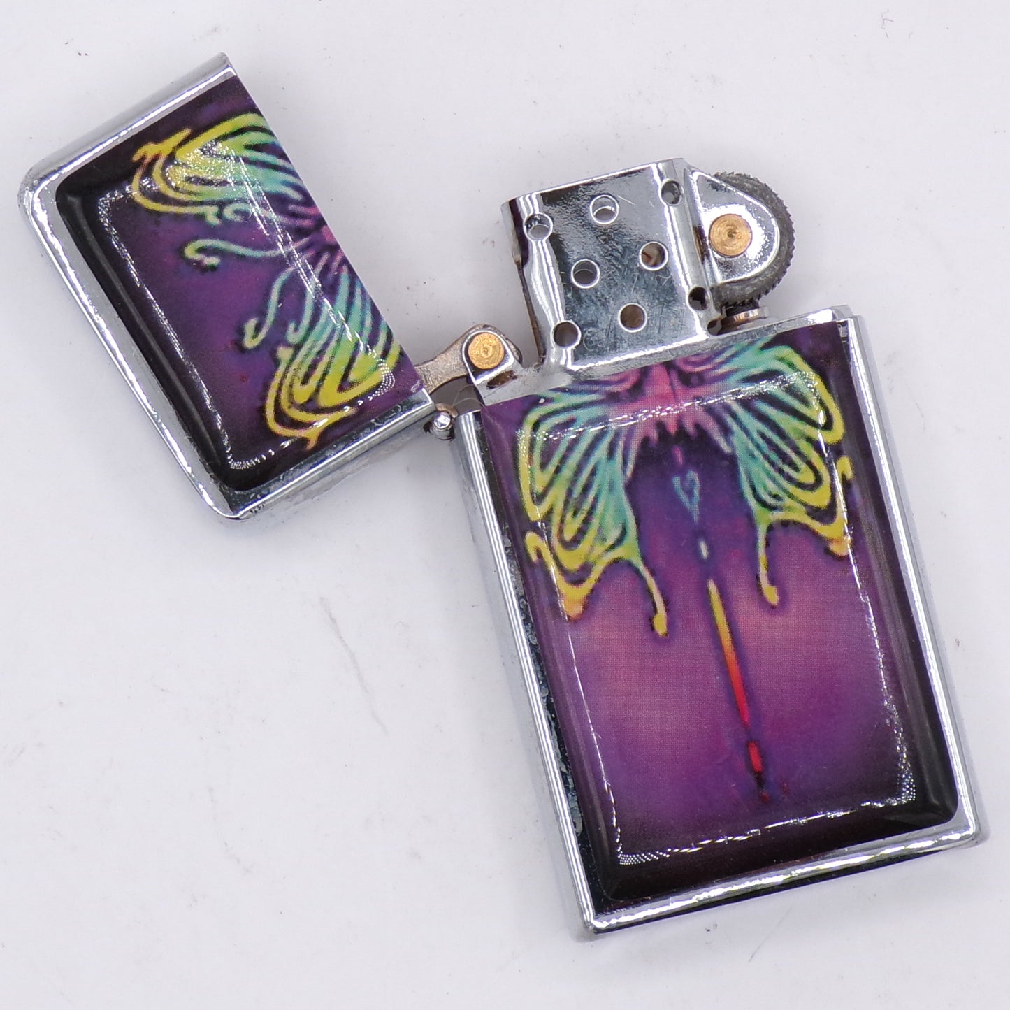 Slim Chrome Durolite Psychedelic Butterfly Graphic Flip Top Refillable Lighter