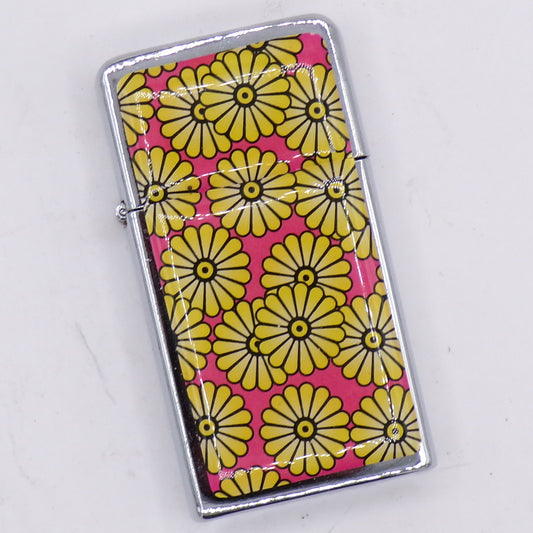 Slim Chrome Durolite Orange/Flowers Graphic Flip Top Refillable Lighter