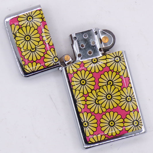 Slim Chrome Durolite Orange/Flowers Graphic Flip Top Refillable Lighter