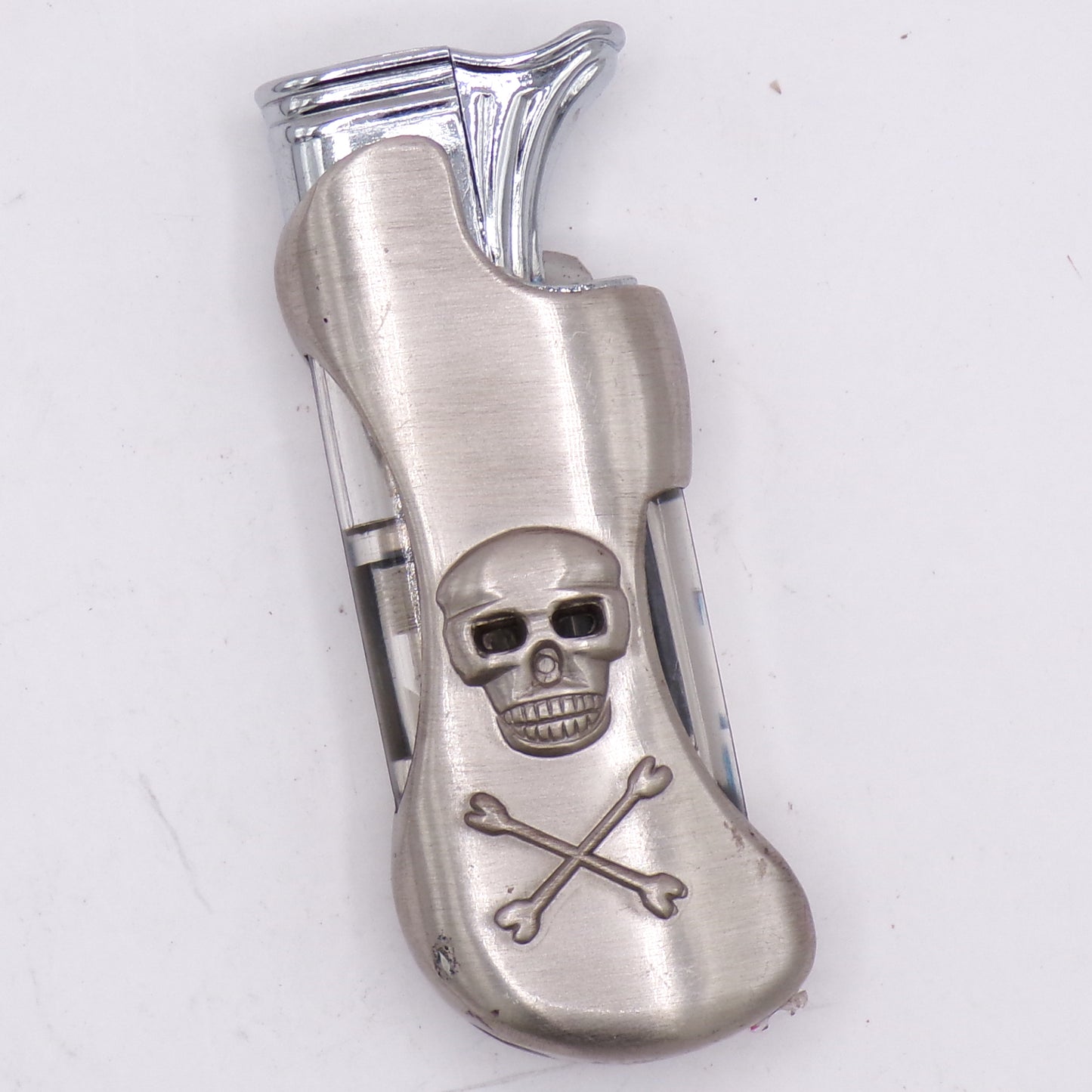 Chrome Skull + Crossbones Dual Double Flame Refillable Lighter