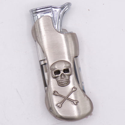 Chrome Skull + Crossbones Dual Double Flame Refillable Lighter