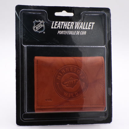 Embossed Genuine Brown Leather MInnesota Wild NHL Tri-Fold Wallet