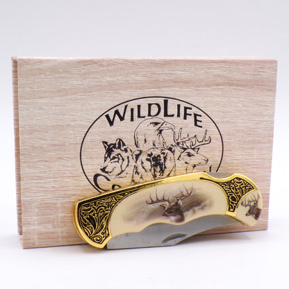 Vintage Wildlife Collection Gold/Ivory Deer Graphic Pocket Knife in Box