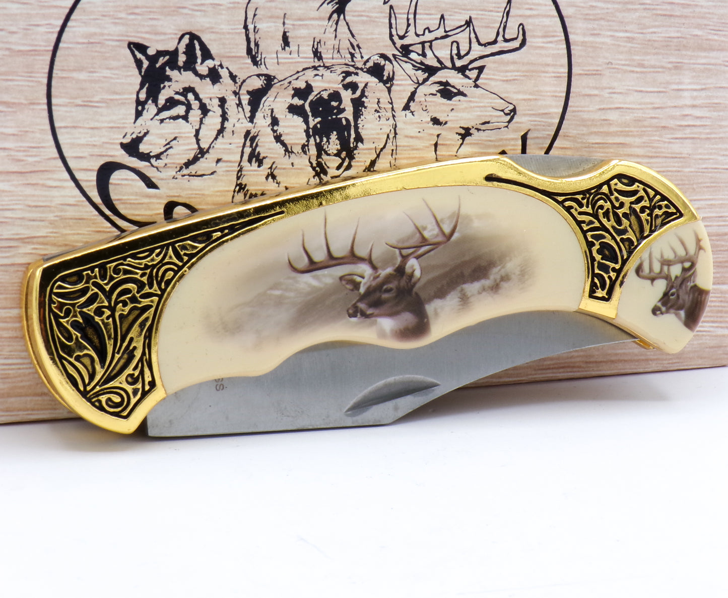 Vintage Wildlife Collection Gold/Ivory Deer Graphic Pocket Knife in Box