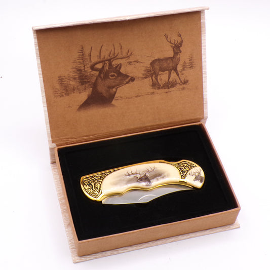 Vintage Wildlife Collection Gold/Ivory Deer Graphic Pocket Knife in Box