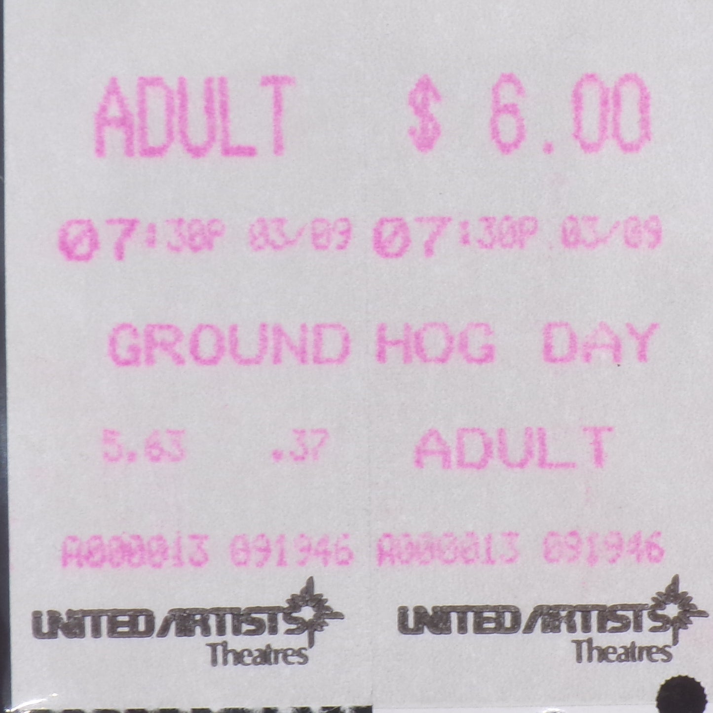 1993 UNRIPPED Groundhog Day Movie Ticket Stub from Defunct United Artists - Mint