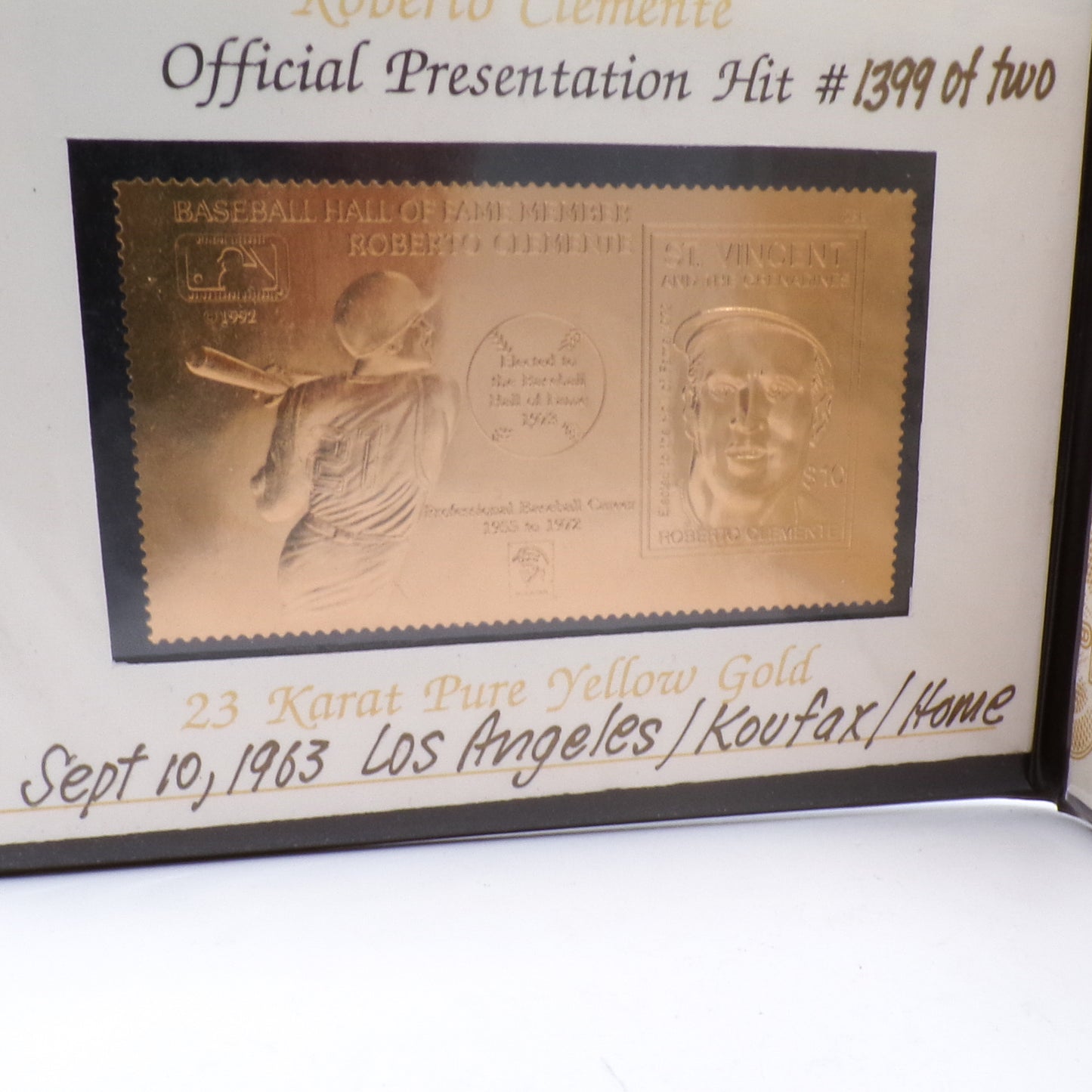 1992 Roberto Clemente HOF Legends 23kt Gold Stamp w/COA '- HOF Koufax Hit