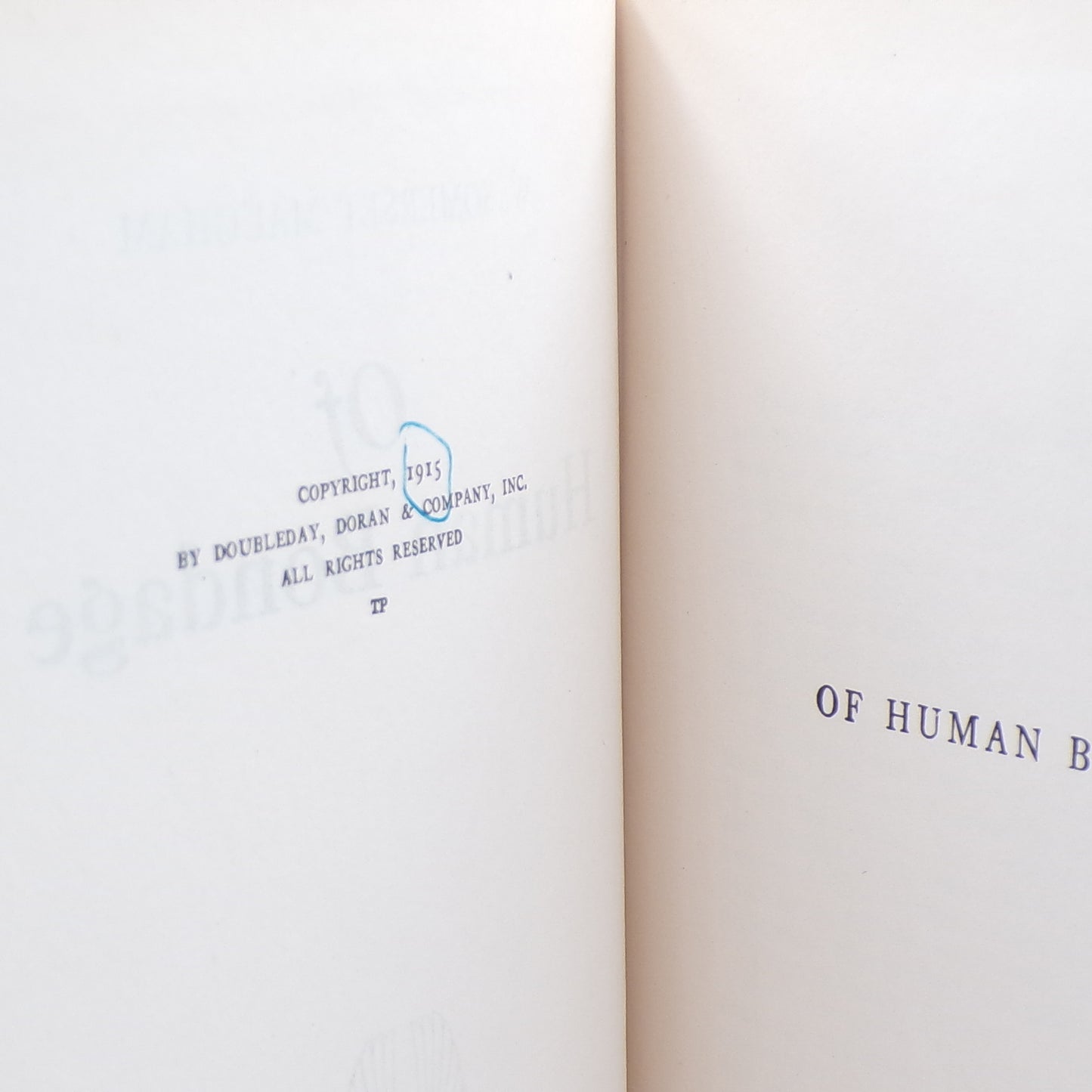 1915 Of Human Bondage Somerset Maugham Hardcover 1st Print/Edition