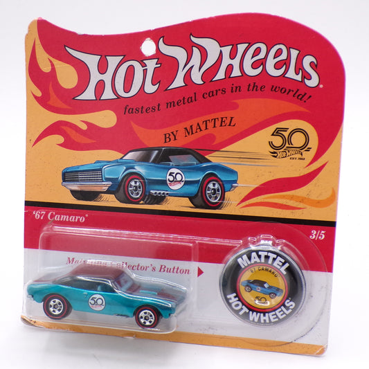 2018 Hot Wheels 50th Anniversay Redline 1967 Camaro Die Cast Car w/Button