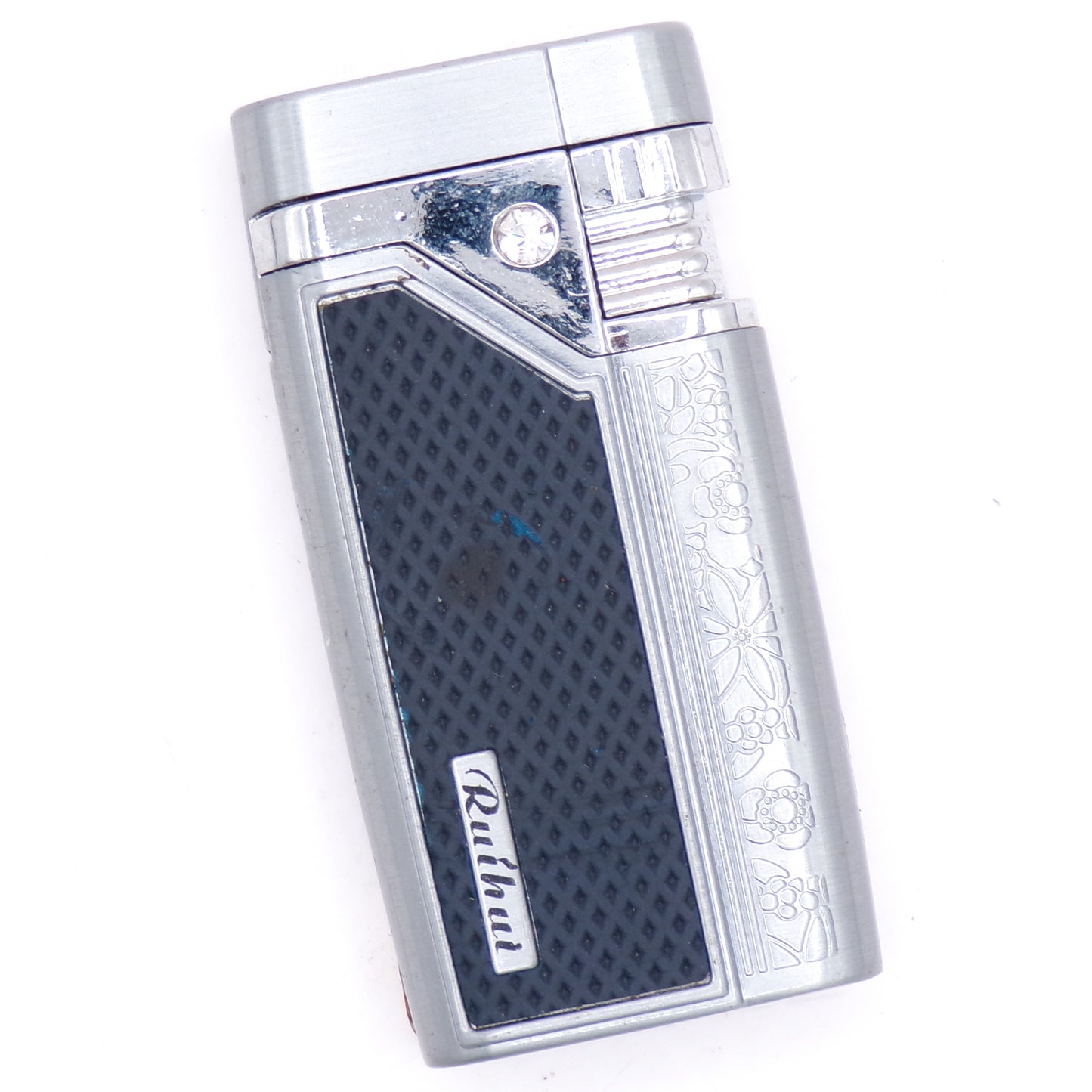Vintage Ruihui Embossed Bejeweled Silver Flip-Top Torch Refillable Lighter