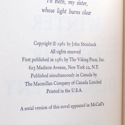 1961 The Winter of Our Discontent John Steinbeck BC 1st Edition HC/DJ Mint