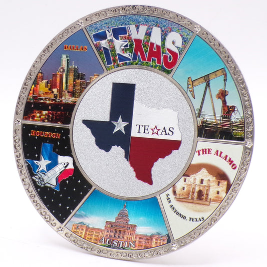 4" Engraved Metal Texas State Souvenir Commemorative Plate w/Stand + Hook