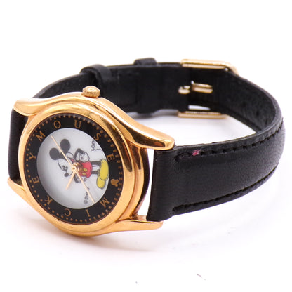 Lorus Mickey Mouse Women's Analog Watch Gold Tone Black Leather Strap