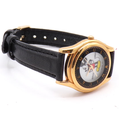 Lorus Mickey Mouse Women's Analog Watch Gold Tone Black Leather Strap