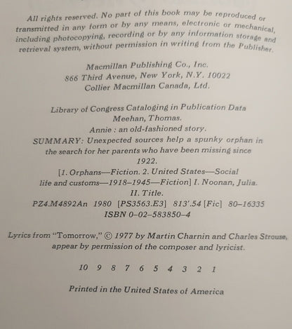 Annie By Thomas Meehan 1st Printing First Edition 1980 Hardcover DJ