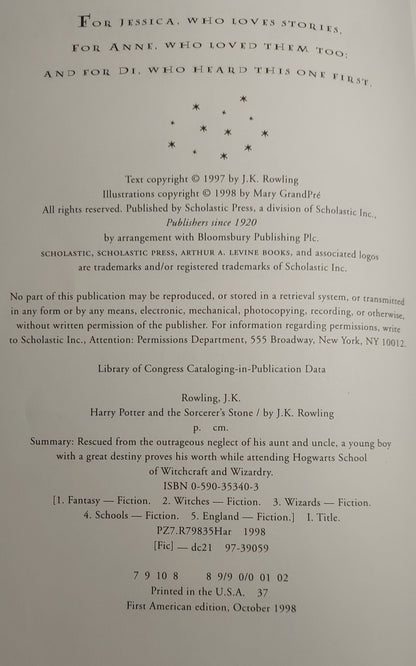 1998 Harry Potter And The Sorcer's Stone - J.K. Rowling, First American Edition/Printing